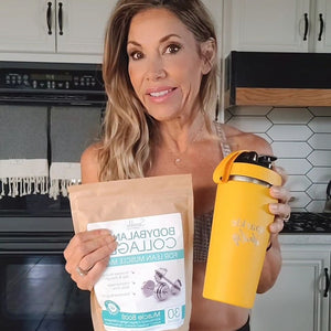 Woman holding Sparkle Wellness Muscle Boost collagen powder and a Sparkle Daily shaker